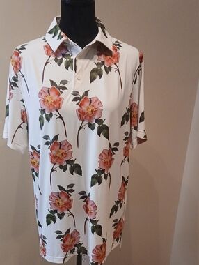 Floral Print Polo Top - White with Pink Flowers